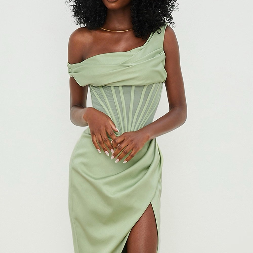 House of CB 
LULU 
Pistachio Color  
ASYMMETRIC DRAPE MIDI CORSET DRESS